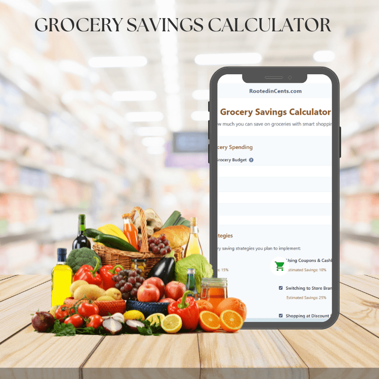 A screenshot of the grocery savings calculator on a phone next to fresh fruit and vegetables.