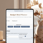 a screenshot of the budget meal planner on an iPad, with flowers and a cup