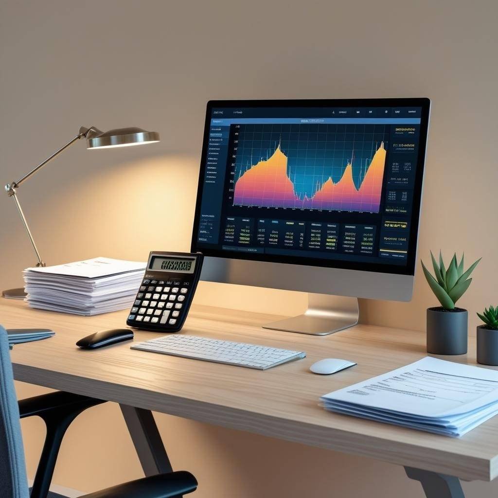 a desktop pc with charts and a calculator
