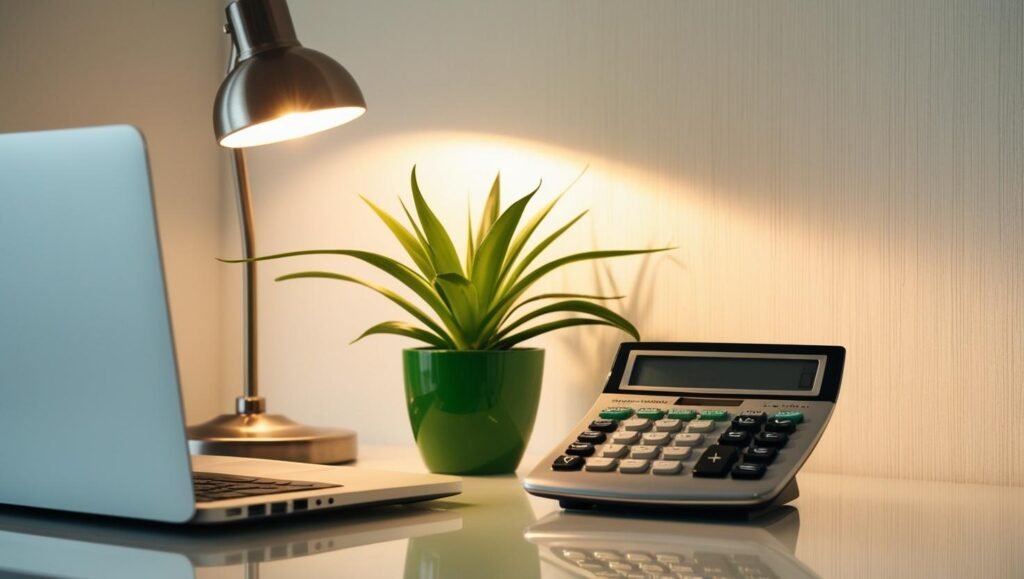 office background with a calculator on a desk, with a lamp, laptop and a plant