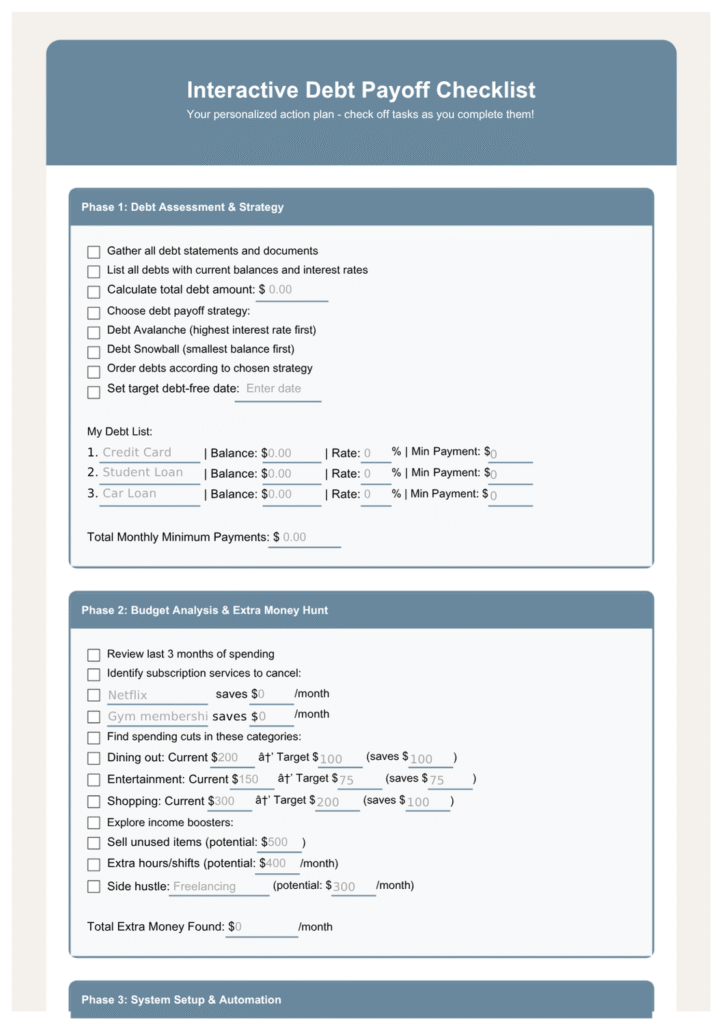debt payoff interactive checklist