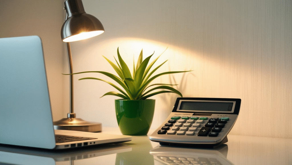 desk with lamp,pc and calculator